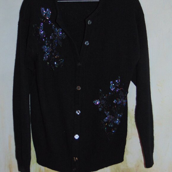Vintage Amanda Smith Sweater Large Black Sequin Silk Angora Rabbit Cardigan L - Picture 9 of 9